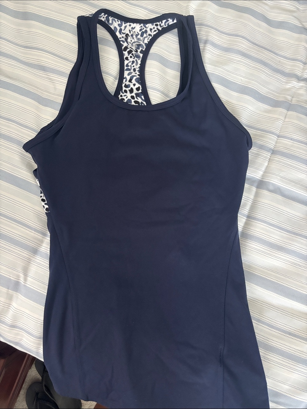 Athleta Navy Racerback Tank with Leopard-Print Back Panel